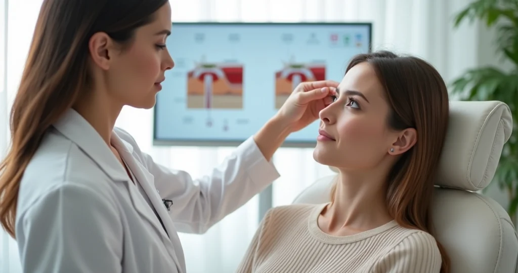 Cirurgiã plástica avaliando área dos olhos de paciente adulta antes de blefaroplastia