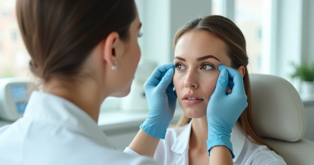 Médica avalia pálpebras de paciente em consulta de blefaroplastia