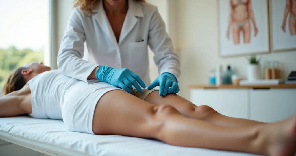 Cirurgiã avaliando cicatriz discreta em abdome de paciente após cirurgia plástica