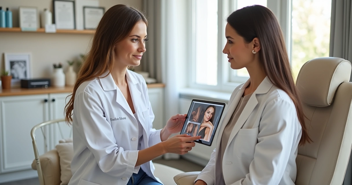 Cirurgiã plástica em consulta humanizada com paciente em consultório moderno