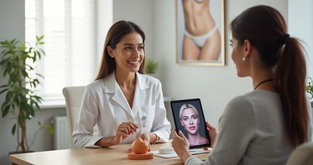 Cirurgiã plástica em consulta humanizada com paciente em clínica moderna