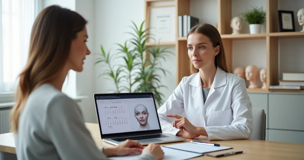 Paciente conversando com cirurgiã plástica avaliando melhor momento para cirurgia