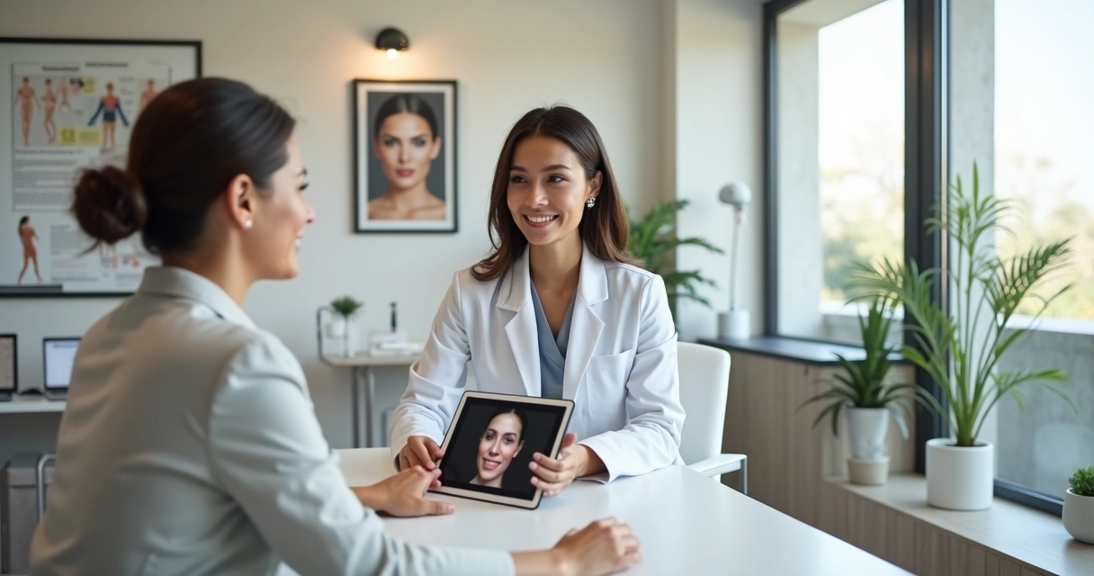Cirurgiã plástica conversando com paciente em consultório moderno no Brasil