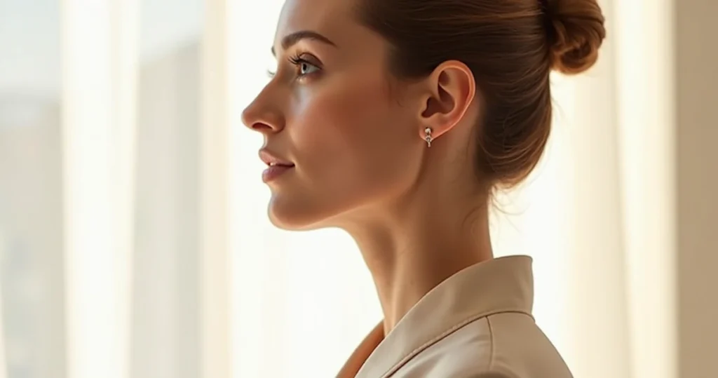 Mulher adulta de perfil exibindo contorno cervical definido após cirurgia de deep neck