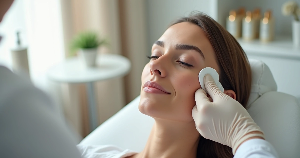 Mulher em clínica aplica compressa suave no rosto após procedimento facial