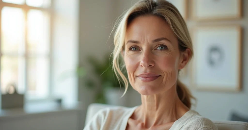 Mulher madura em close exibindo rejuvenescimento facial natural após lifting