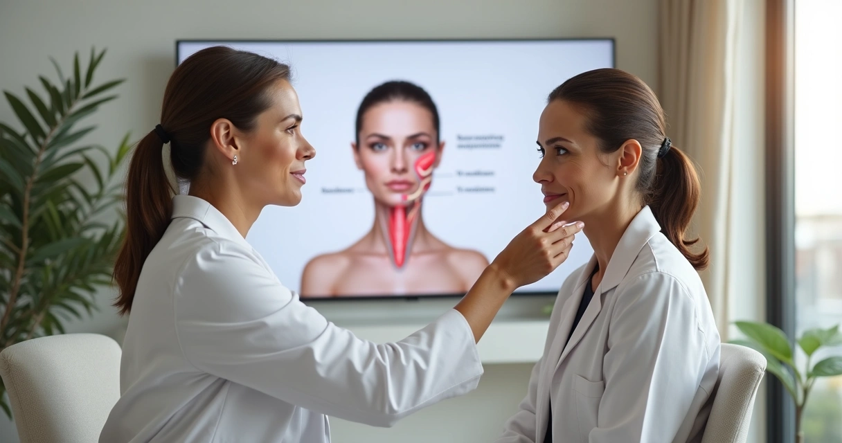 Mulher adulta em consulta de avaliação facial para facelifting com cirurgiã plástica em consultório moderno