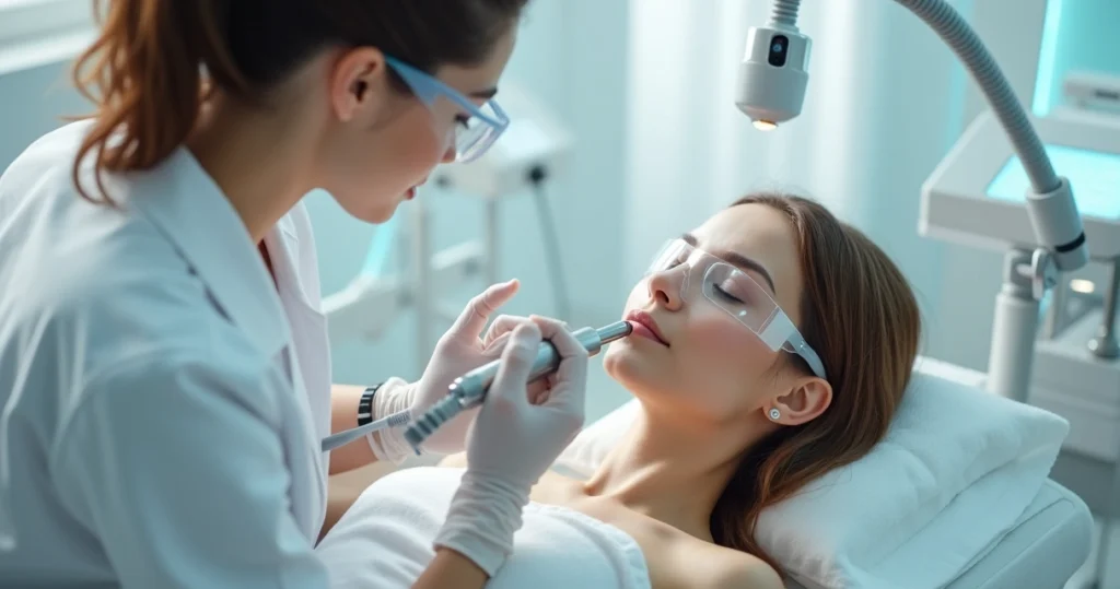 Aplicação de laser CO2 em pele do rosto para rejuvenescimento facial