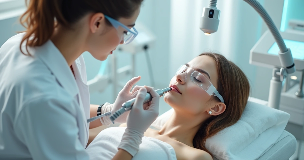 Aplicação de laser CO2 em pele do rosto para rejuvenescimento facial