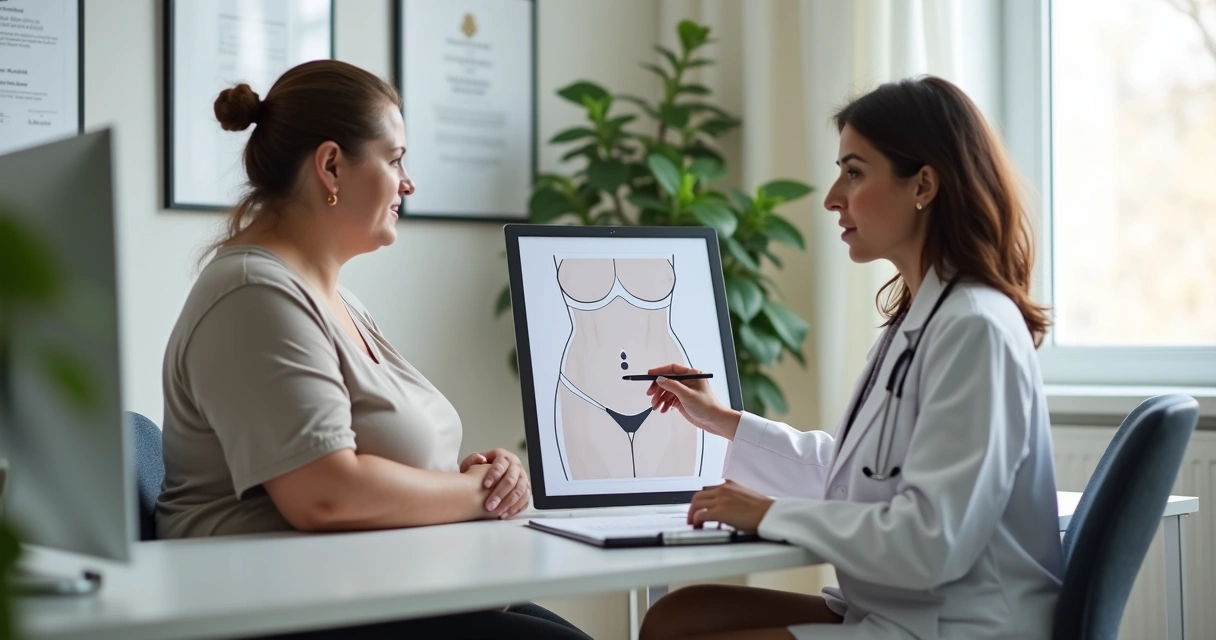 Cirurgiã plástica explicando abdominoplastia pós-bariátrica para paciente com excesso de pele na barriga
