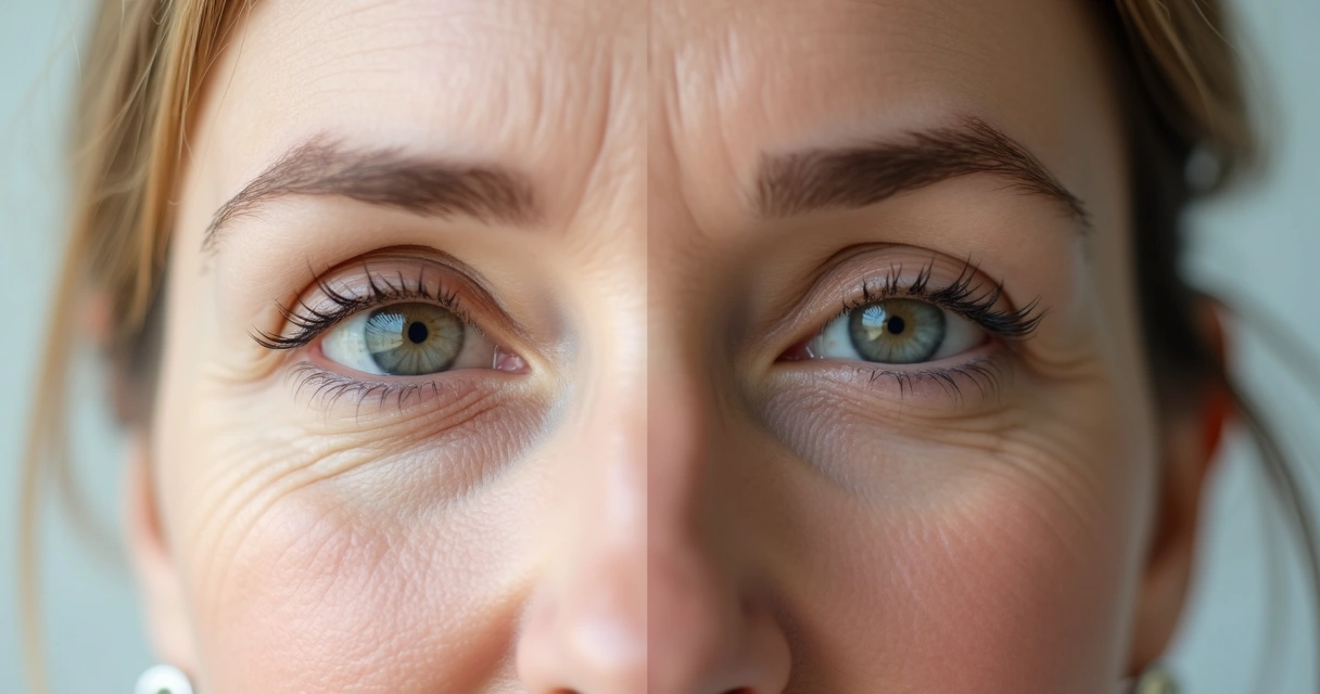 Mulher em antes e depois de blefaroplastia com resultado natural nos olhos