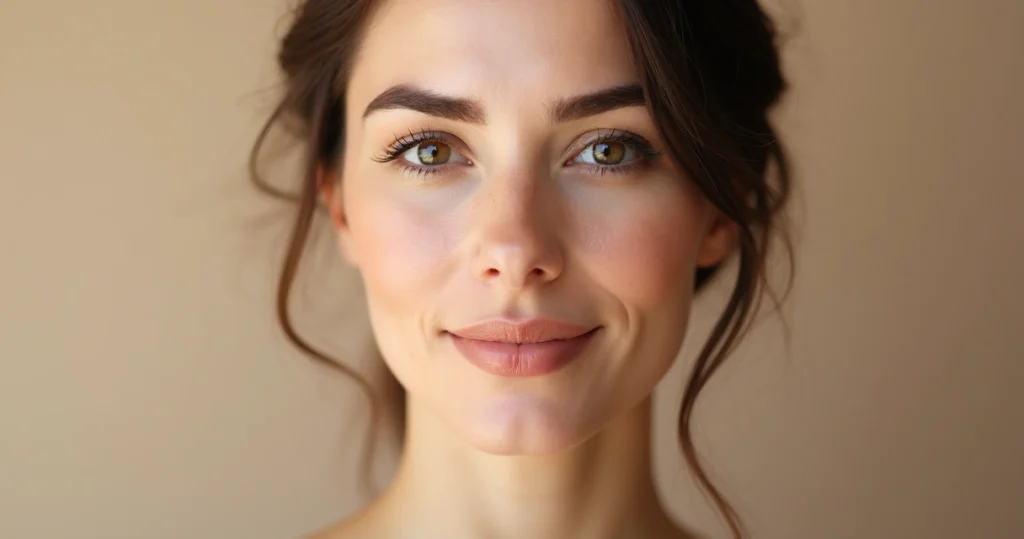 Mulher em close após brow lift com sobrancelhas elevadas e olhar rejuvenescido