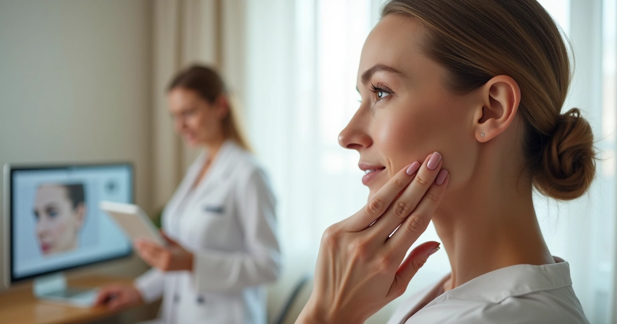 Mulher de meia-idade em consultório de cirurgia plástica tocando suavemente o rosto após facelifting com resultado natural