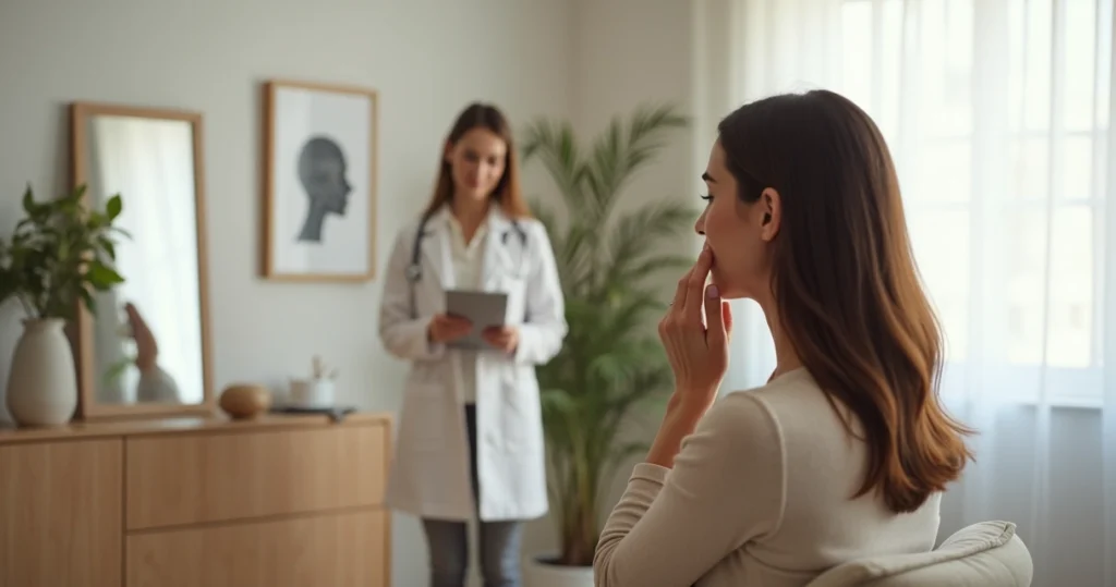 Paciente adulta se olhando no espelho em consultório de cirurgia plástica