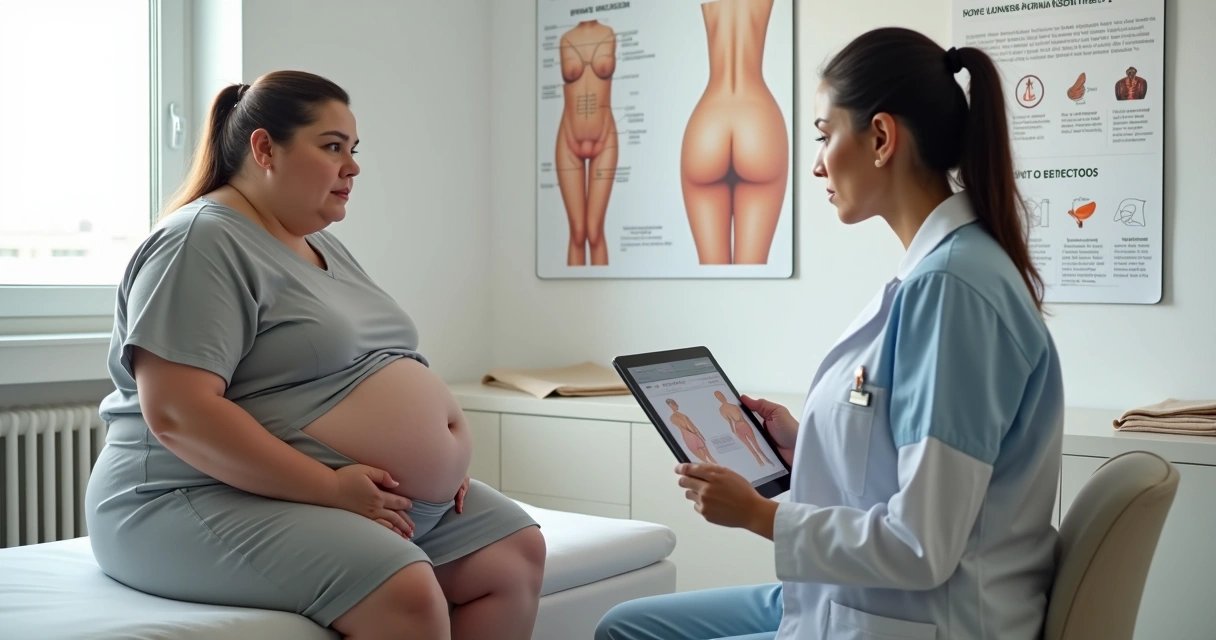 Paciente após grande perda de peso em consulta pré-lipoaspiração com cirurgiã plástica