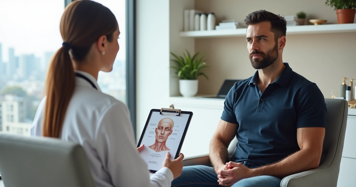 Homem em consulta de cirurgia plástica com médica apontando áreas do rosto em tablet