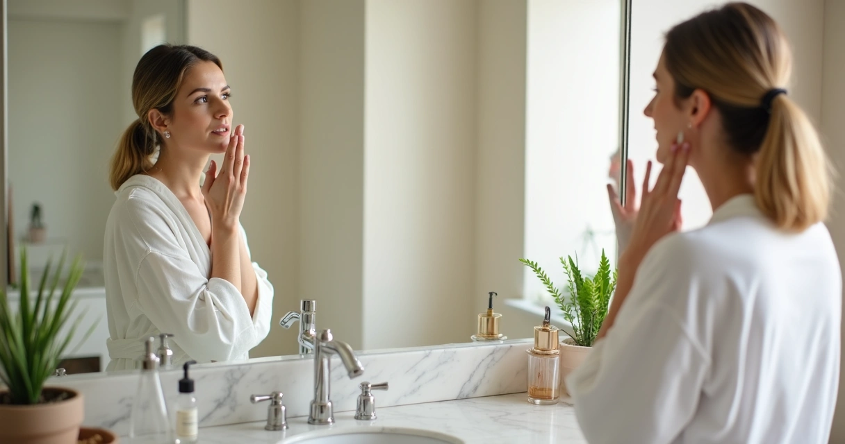 Mulher madura aplicando creme facial em frente ao espelho