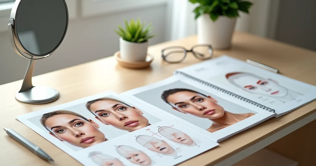 Mesa com espelho e fotos de rosto mostrando planejamento de procedimentos faciais combinados