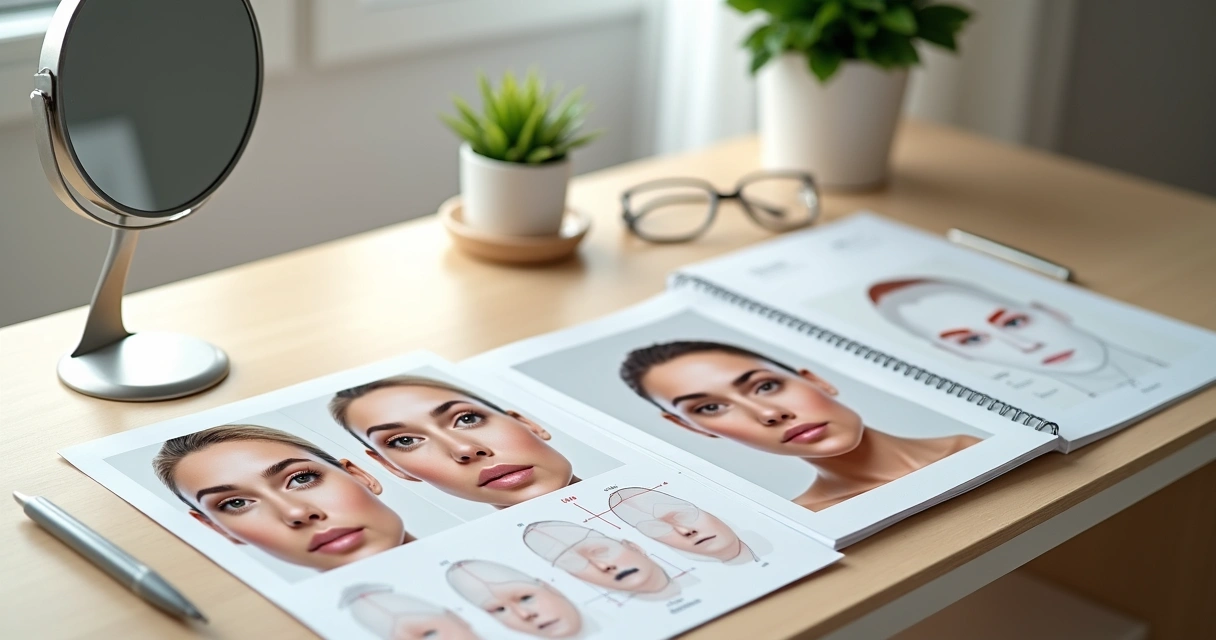 Mesa com espelho e fotos de rosto mostrando planejamento de procedimentos faciais combinados