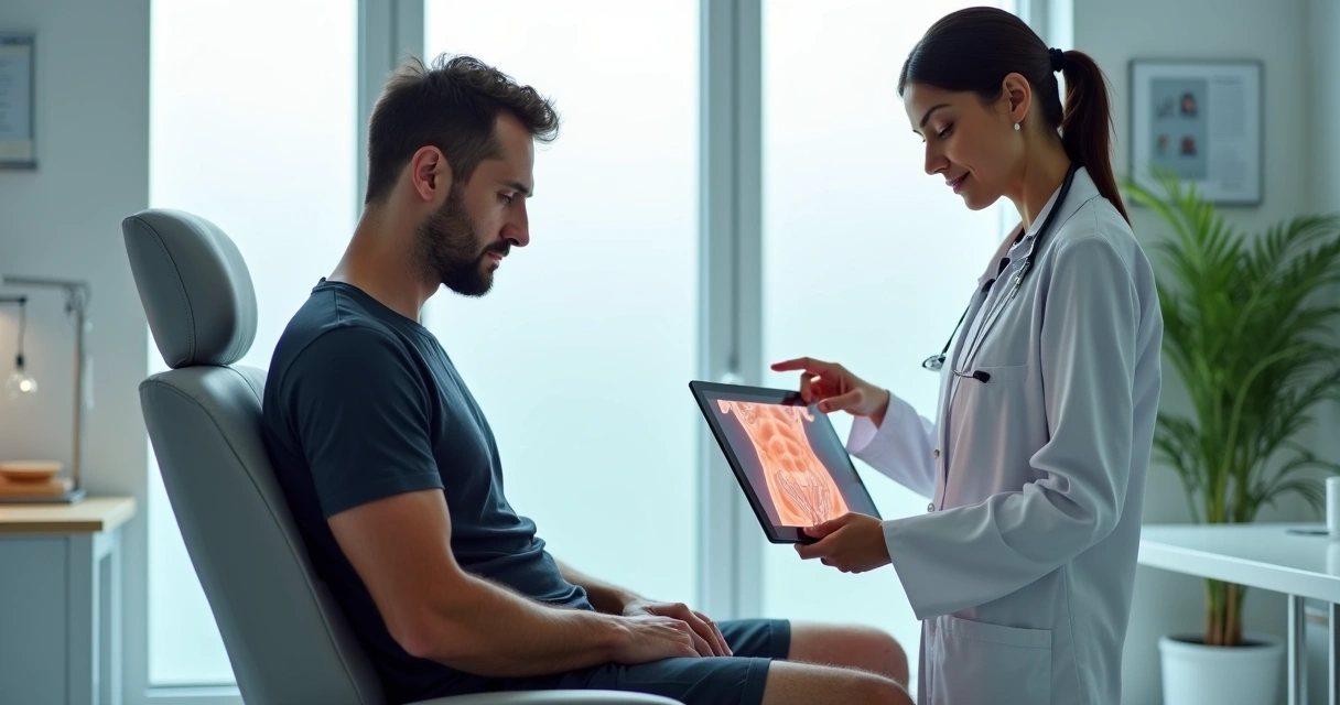 Homem em consulta sobre lipoaspiração com cirurgiã plástica em clínica moderna