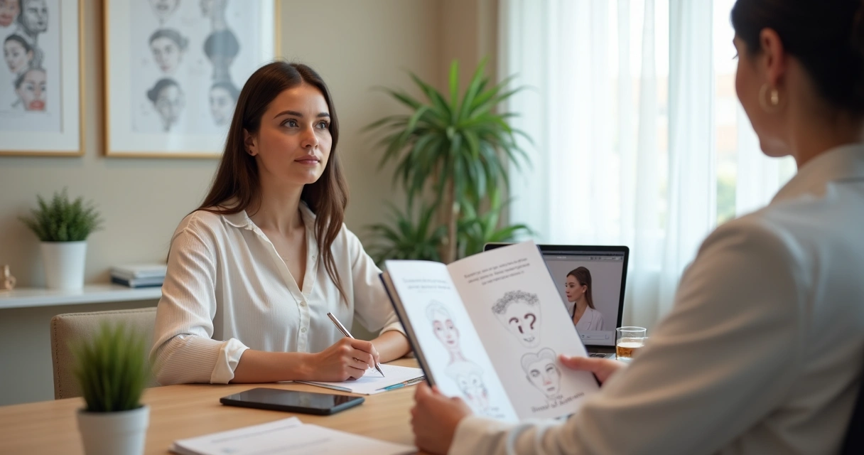 Paciente analisa folder de cirurgia plástica com médica em escritório elegante