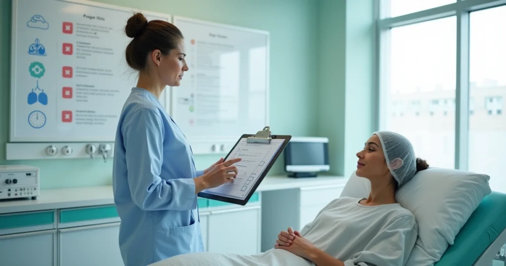 Cirurgiã plástica preenchendo checklist de segurança antes de cirurgia para paciente