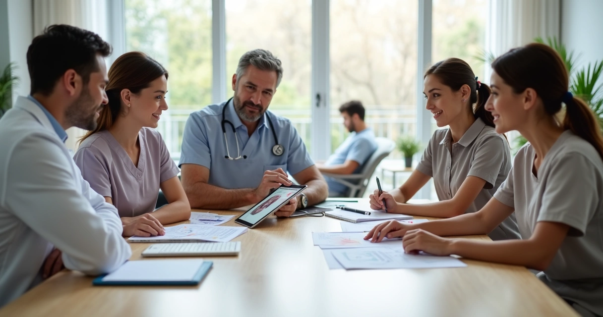 Equipe multidisciplinar de cuidado em cirurgia plástica reunida em consultório moderno