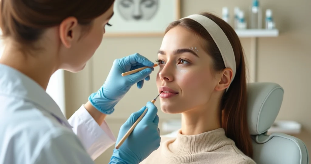 Close de perfil de rosto feminino recebendo marcações para rinomodelação com profissional de jaleco