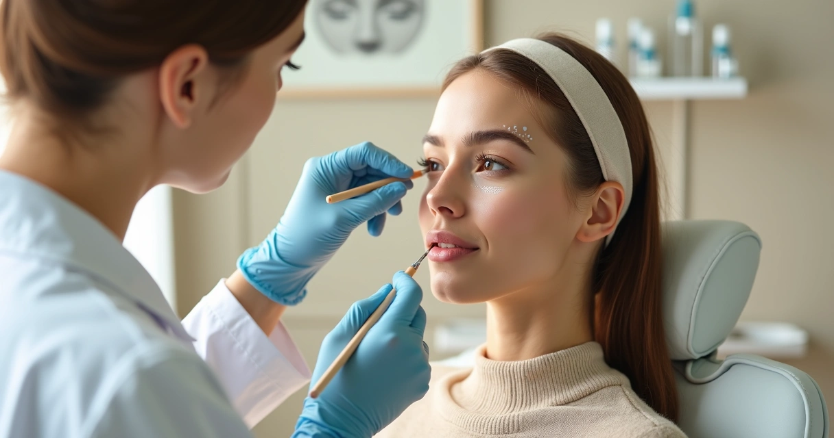 Close de perfil de rosto feminino recebendo marcações para rinomodelação com profissional de jaleco